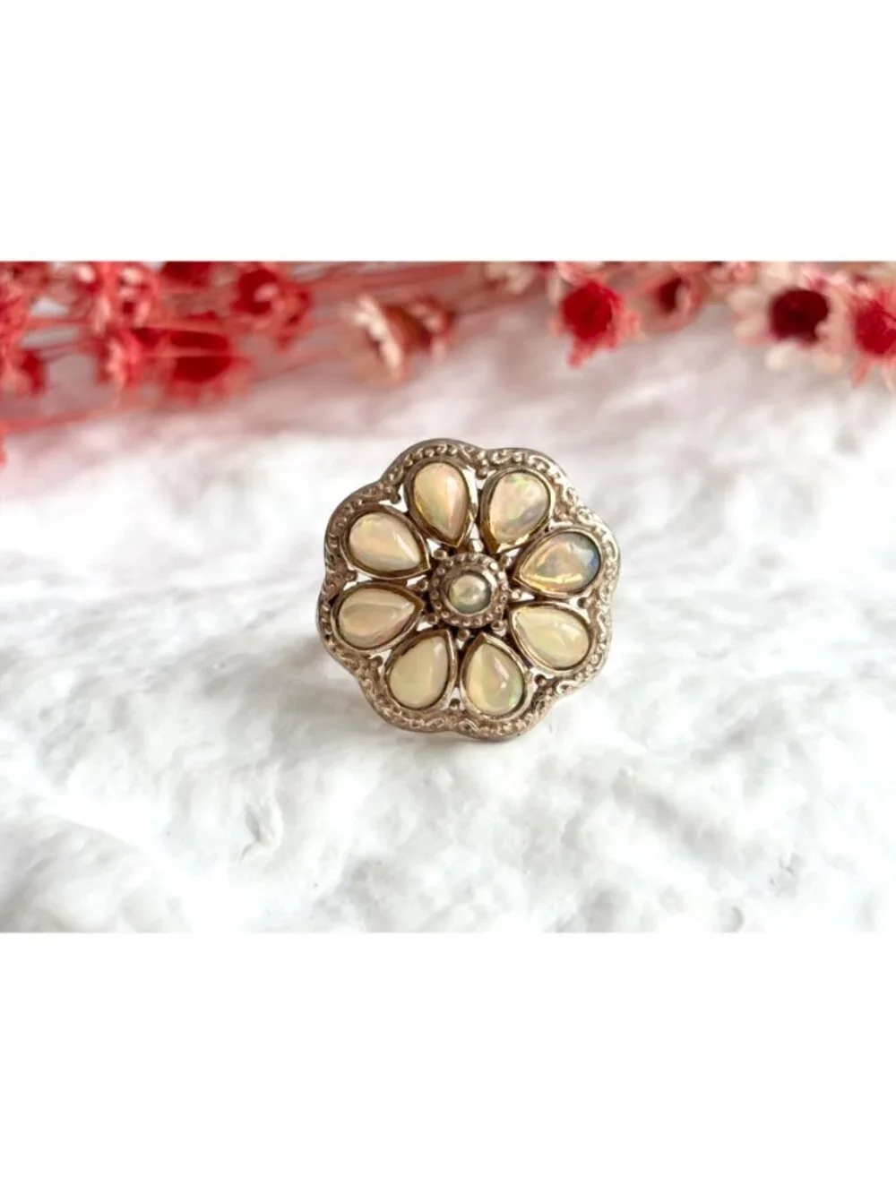 Teardrop Yellow Opal Scalloped Floral Sterling Silver 925 Vintage Ring - sz 8